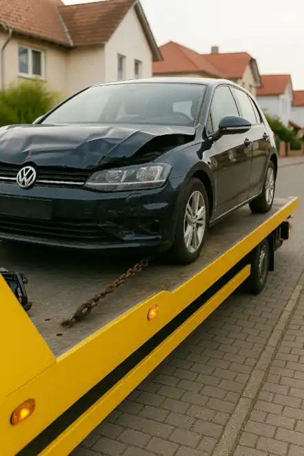 Ein defektes Auto wird von einem Abschleppwagen im Rahmen des Autoankaufs in Regensburg abgeholt.