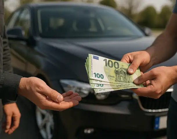 Ein Kunde erhält Bargeld bei einem erfolgreichen Autoankauf in Regensburg.
